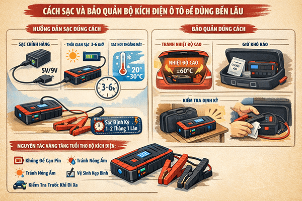 Cách sạc và bảo quản bộ kích điện ô tô để dùng bền lâu