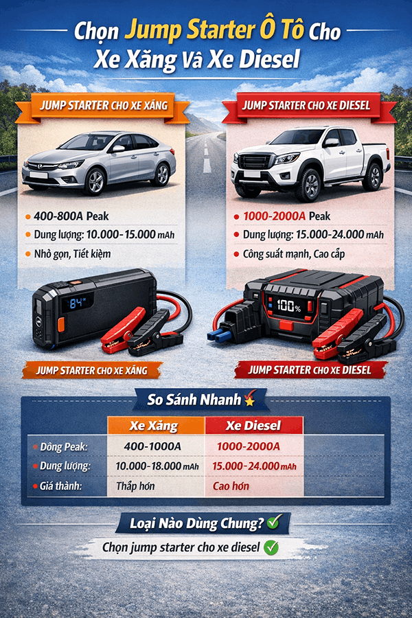 Chọn Jump Starter Ô Tô Phù Hợp Cho Xe Xăng Và Xe Diesel